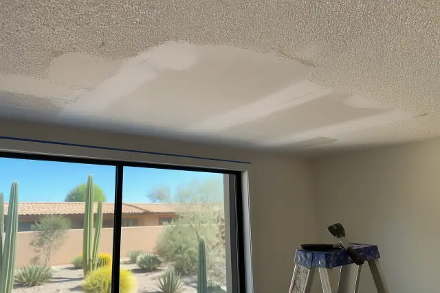 Sanded drywall repair on a popcorn ceiling in a Paradise Valley, AZ home with a putty knife on a ladder.