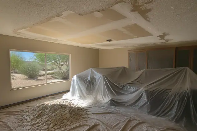 Popcorn ceiling removal in progress with scraped texture on a drop cloth in a residential room in Mesa, AZ.