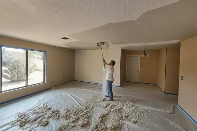 Partially scraped popcorn ceiling with plastic sheeting on the floor in a residential living room in Chandler, AZ.