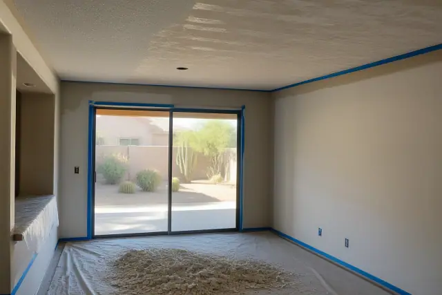 Popcorn ceiling removal in progress with scraped debris on a drop cloth in a Peoria, AZ living room.
