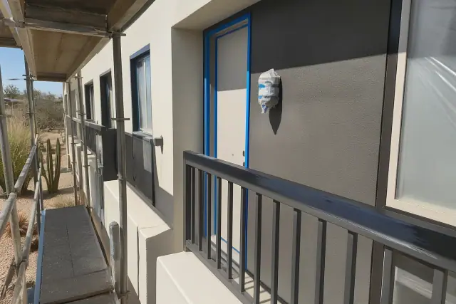 Painter applying a fresh coat to metal railings and doors on a multi-story building in Phoenix, AZ.