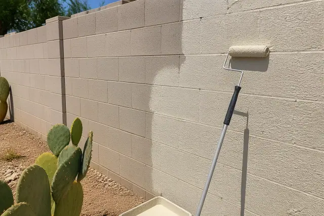 Fresh paint being applied to a concrete block wall with a paint roller in a sunny backyard in Phoenix, AZ.