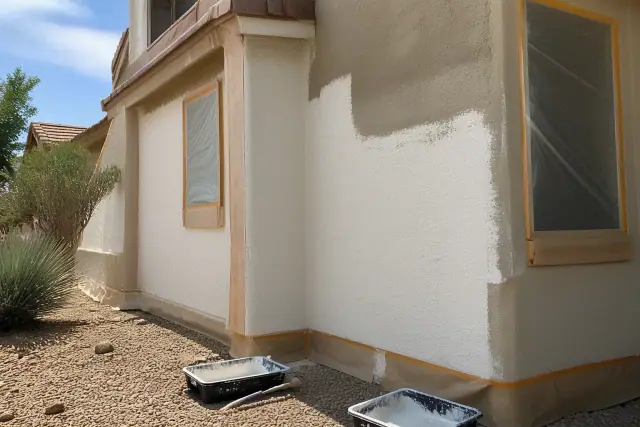 A residential exterior wall being painted with roller marks, protective paper, and desert landscaping in Phoenix, AZ.