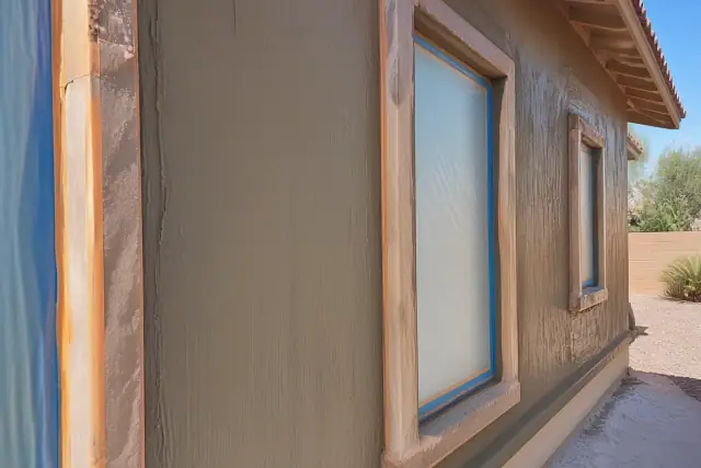 Wet stucco being applied to a residential exterior wall during a home painting project in Phoenix, AZ.