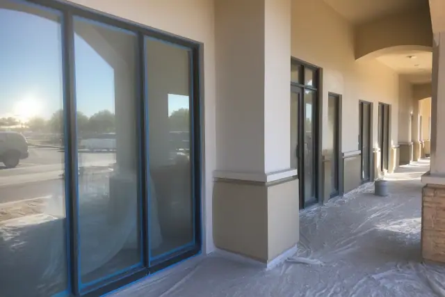 Commercial painting in progress at a retail and medical storefront in Phoenix, AZ, with tape and plastic protection.