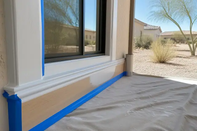 Freshly primed baseboards and window casings with painter's tape at a residential job site in Phoenix, AZ.