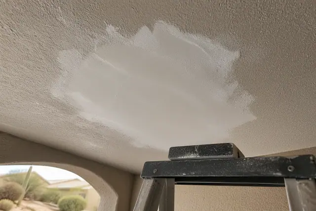 Sanded drywall patch on a textured ceiling in a Phoenix, AZ home, with a sanding block on a ladder step.