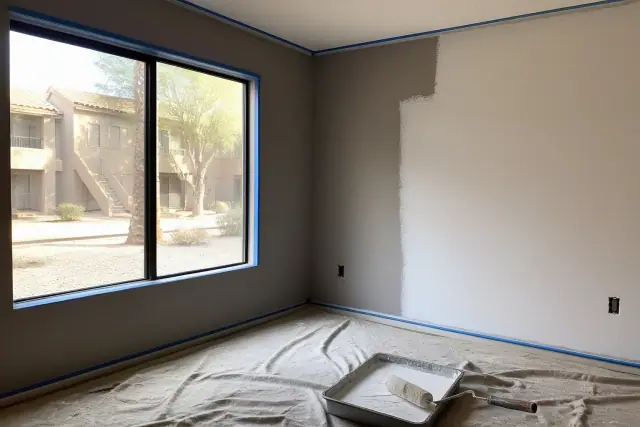 Apartment interior painting project with taped trim and wet paint on walls in Phoenix, AZ.