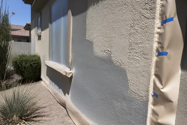 Stucco application on an exterior wall with protective masking tape at a job site in Glendale, AZ.