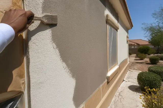 Painter applying wet stucco to a textured exterior wall in Mesa, AZ, under bright desert sunlight.