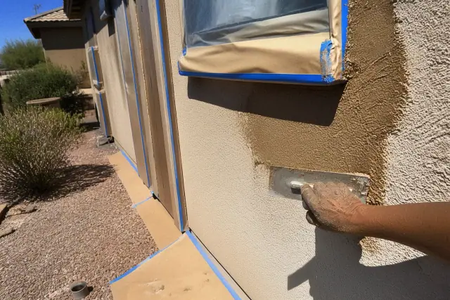 A contractor applying wet stucco to an exterior wall in Surprise, AZ, with protective paper near the window frame.