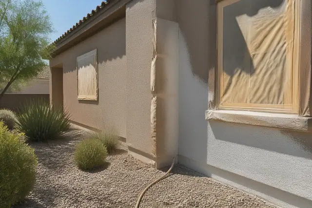 Stucco wall painting in progress with masking paper near a window at a residential home in Gilbert, AZ.