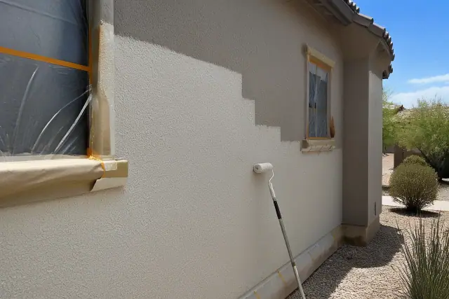 Freshly painted stucco wall with a roller during a home project in Chandler, AZ.