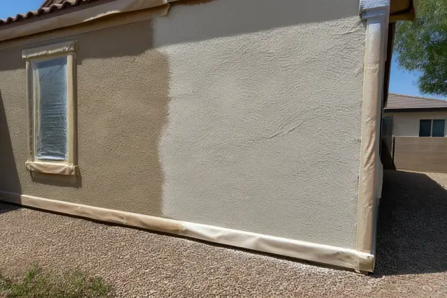 Wet paint on a stucco wall with protective masking tape and paper at a home in Goodyear, AZ.