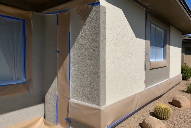 Stucco wall being masked with painter's tape for painting at a job site in Phoenix, AZ.