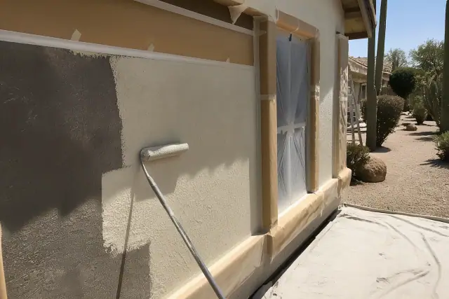 Stucco painting and repair in progress on an exterior wall with a paint roller in Phoenix, AZ.