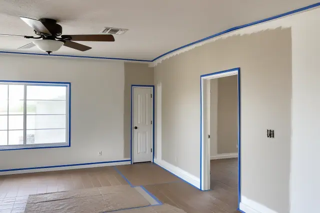 Empty residential living room in Phoenix, AZ, showing walls, ceilings, trim, and doors taped for painting.