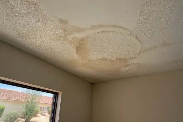 Water-stained and peeling drywall in a Phoenix, AZ home with desert landscaping visible through the window.