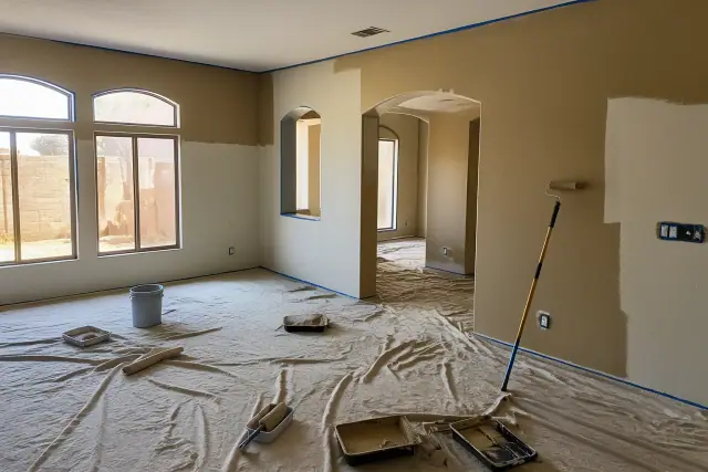 In-progress interior wall and ceiling painting in a residential living space in Phoenix, AZ.
