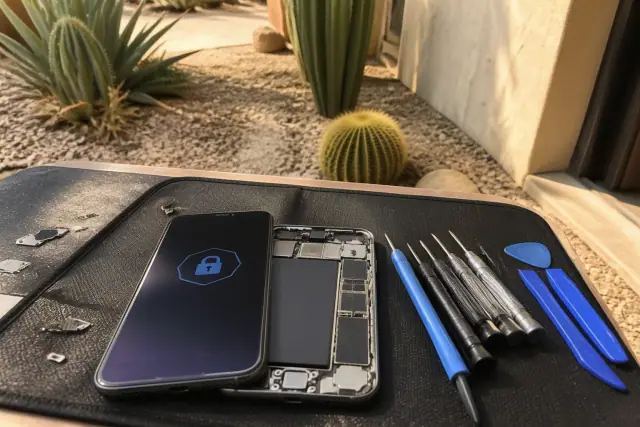 Smartphone with internal components exposed and a lock icon on the screen during a repair at a workstation in Phoenix, AZ.
