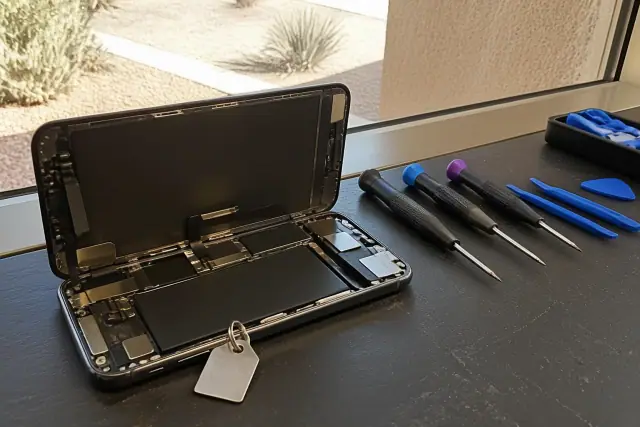 Smartphone being repaired on a desk with tools near a window in Phoenix, AZ, showing a metal tracking tag on the frame.