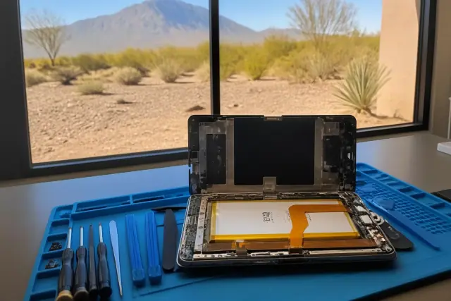 Opened smartphone and tablet under repair with tools on an anti-static mat in a Goodyear, AZ workshop.