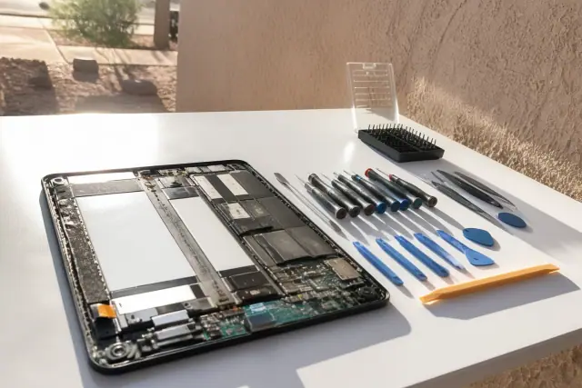 Opened Android tablet with internal components and repair tools on a workbench in Scottsdale, AZ.