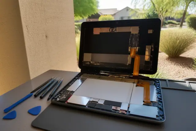 Android tablet under repair with exposed internal components at a workstation in Chandler, AZ.