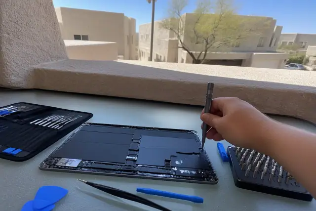 Technician assembling a tablet at a repair workstation in Tempe, AZ with sunlight on a stucco wall.