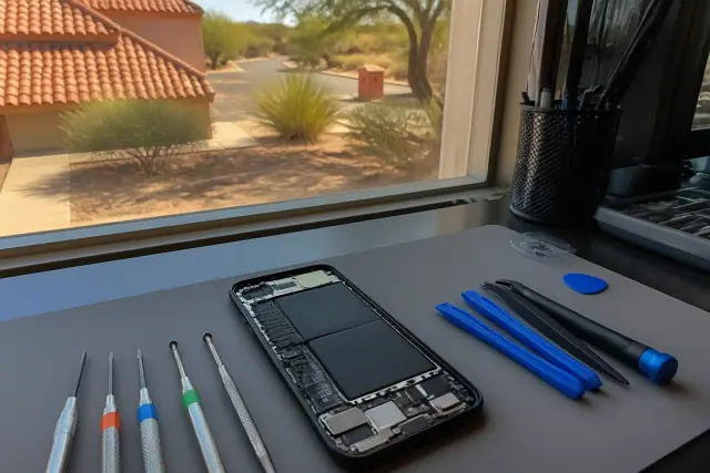 Opened smartphone with internal components on a repair workstation in Glendale, AZ with desert views through the window.