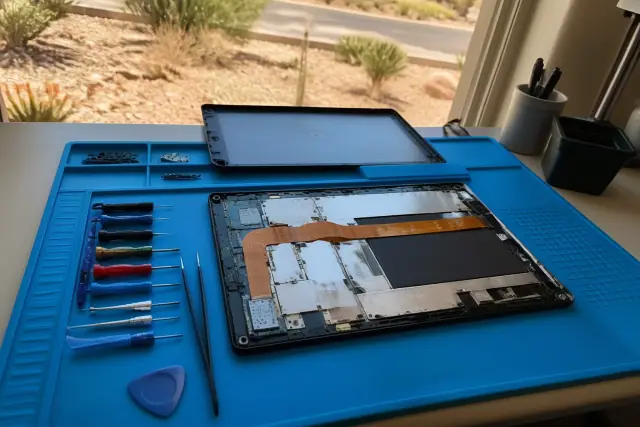 Open Android tablet with visible internal components on a workstation in Paradise Valley, AZ.