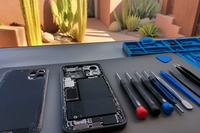 Smartphone with exposed internal components and repair tools on a workstation in Phoenix, AZ with desert plants outside.