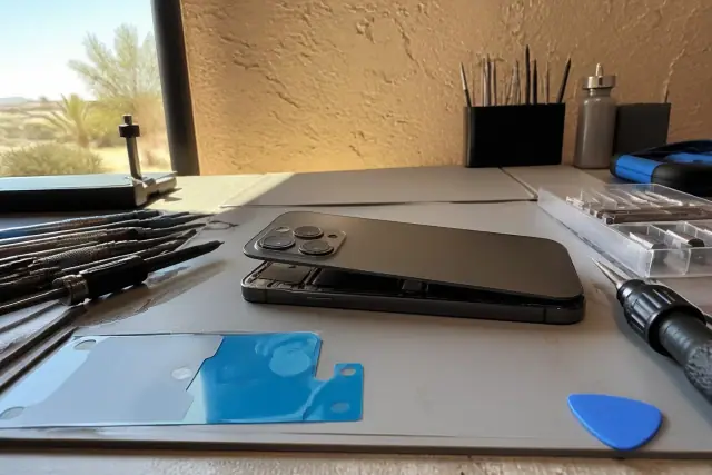 Smartphone with new back glass, repair tools, and adhesive strips on a workbench in a Phoenix, AZ workshop.