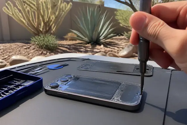 Technician performing a back glass repair on a smartphone at a desk in Tempe, AZ.