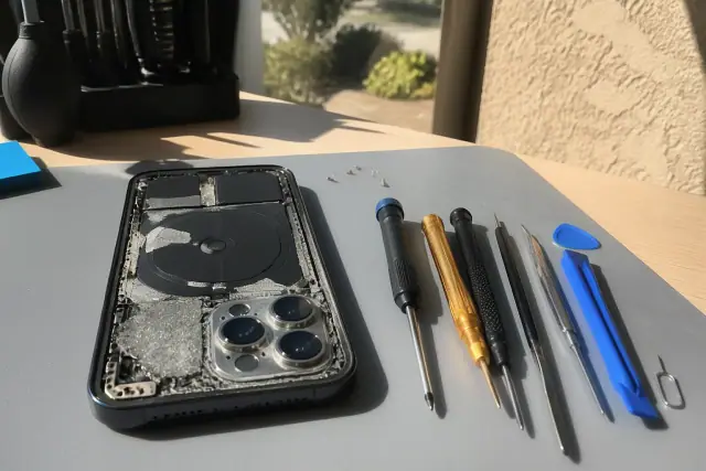 Smartphone undergoing back glass repair with professional tools on a workstation in Scottsdale, AZ.