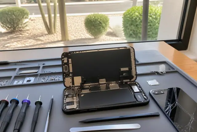 Smartphone with back glass removed on a workbench with repair tools in Goodyear, AZ.