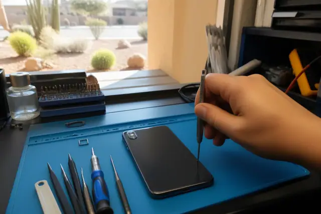 Precision repair tools fastening the back glass on a smartphone at a workbench in Mesa, AZ.