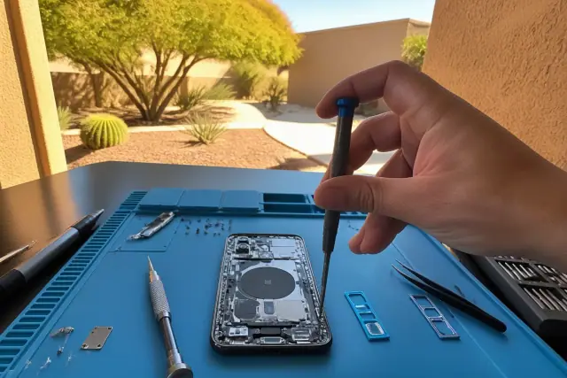 Technician using precision tools to reassemble a smartphone in a Gilbert, AZ repair shop.