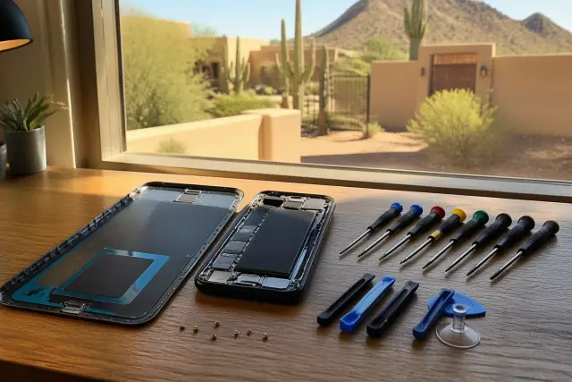 Opened smartphone with battery cell and adhesive seal layout on a workbench in Phoenix, AZ with desert scenery outside.