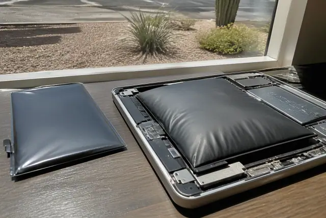 Swollen smartphone battery placed next to an open device chassis in a Phoenix, AZ workspace with desert sunlight.