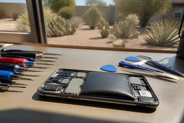 Swollen lithium-ion battery inside an opened smartphone on a workbench in Phoenix, AZ.