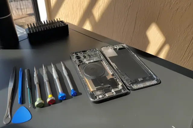 An opened smartphone with exposed internal components and repair tools on a workstation in Phoenix, AZ.