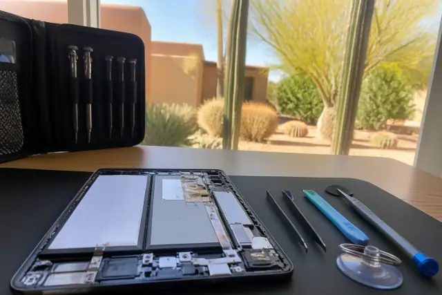 Opened smartphone with exposed internal components and repair tools on a workstation in Phoenix, AZ.