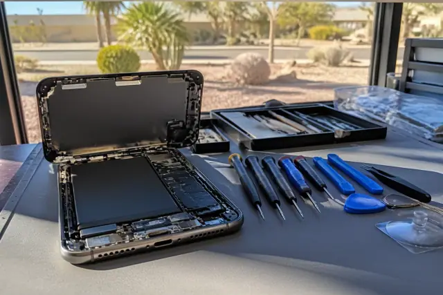 An opened smartphone on a workbench during a charging port and back glass repair in Phoenix, AZ.