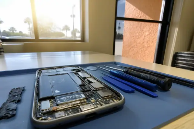 Smartphone with internal components exposed and repair tools on a workstation in Phoenix, AZ.