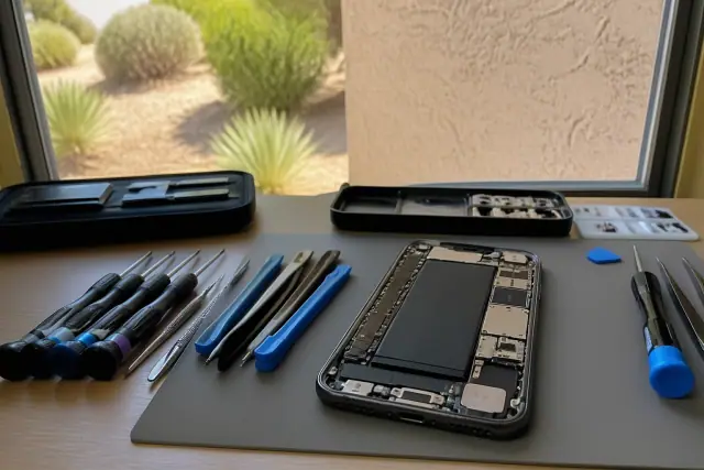 Smartphone with exposed internal components and cleaning tools on a workstation in Phoenix, AZ.
