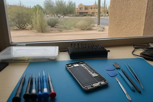 An open smartphone being repaired with tools on a desk in an Avondale, AZ workshop with cacti visible through the window.