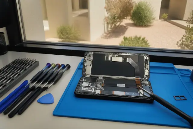 Professional tools repairing an opened smartphone in a Tempe, AZ repair shop.