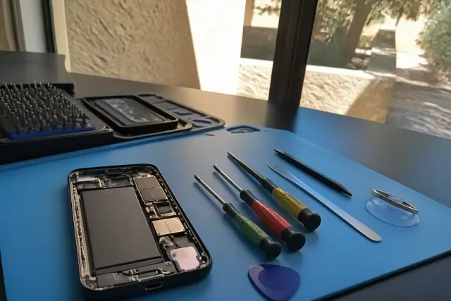 Opened smartphone with internal components and repair tools on a workstation in Scottsdale, AZ.