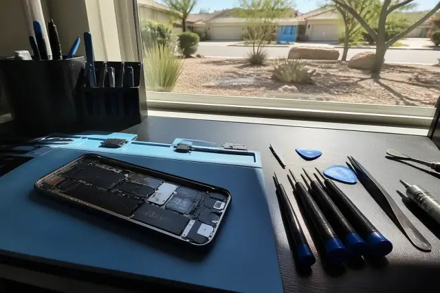 Technician repairing an open smartphone charging port at a workstation in Chandler, AZ.